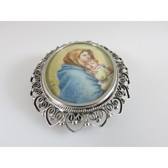 Old Hand Painted Miniature Madonna of the Streets 800 Silver Pendant Brooch - Picture 2 of 11